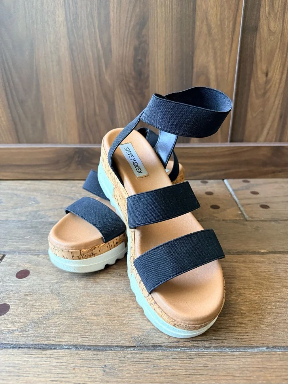 Steve Madden Black Elastic Cork Platform Sandals